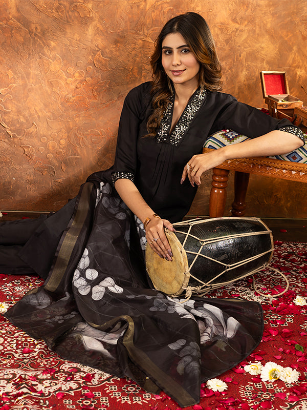 Black Roman Silk Sequins With Hand Work Suit Set