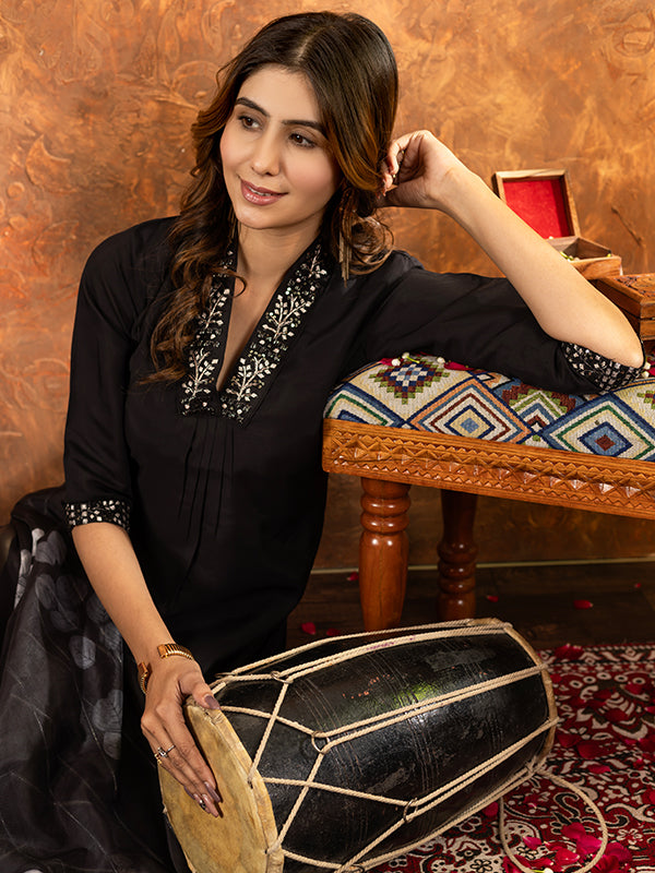 Black Roman Silk Sequins With Hand Work Suit Set