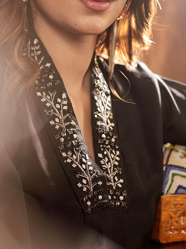 Black Roman Silk Sequins With Hand Work Suit Set