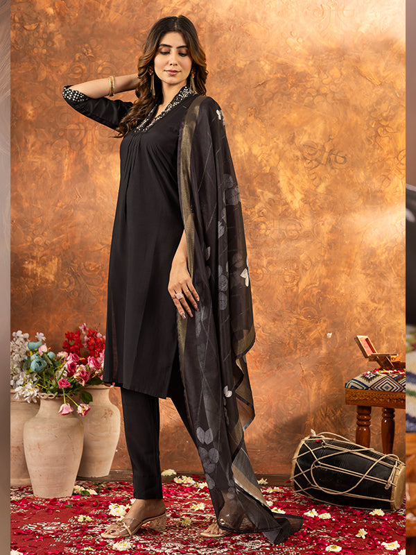 Black Roman Silk Sequins With Hand Work Suit Set