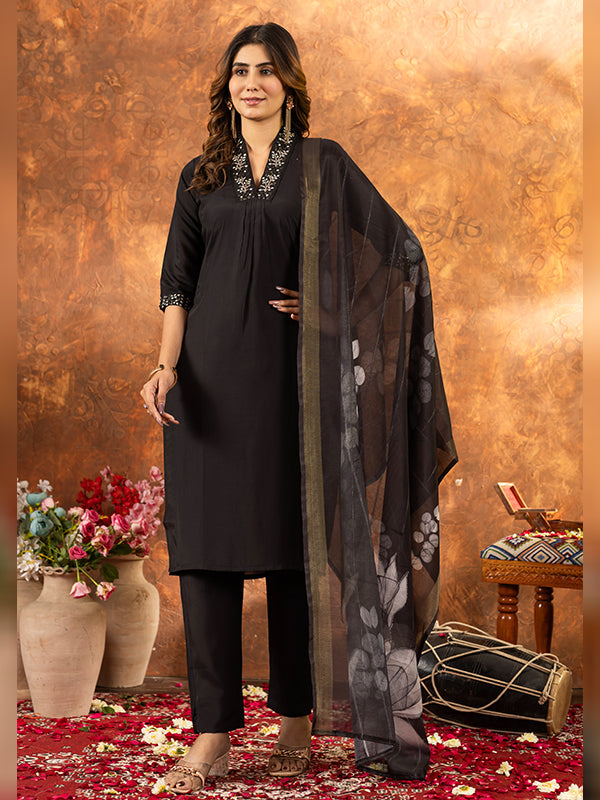 Black Roman Silk Sequins With Hand Work Suit Set
