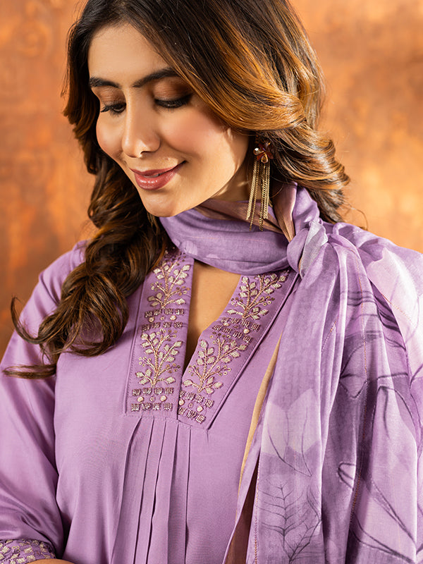 Lavender Roman Silk Sequins With Hand Work Suit Set