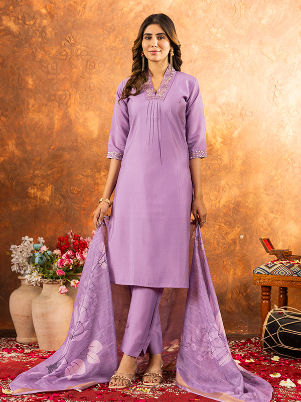 Lavender Roman Silk Sequins With Hand Work Suit Set