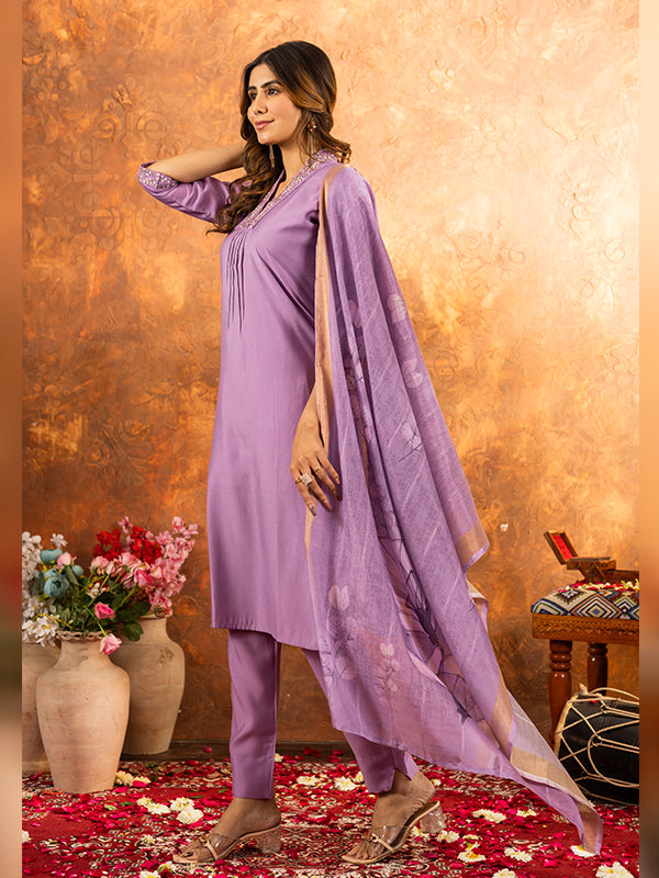 Lavender Roman Silk Sequins With Hand Work Suit Set
