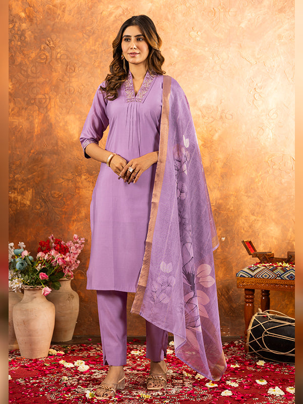 Lavender Roman Silk Sequins With Hand Work Suit Set