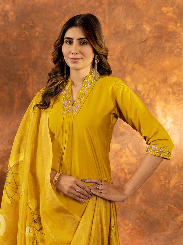 Yellow Roman Silk Sequins With Hand Work Suit Set