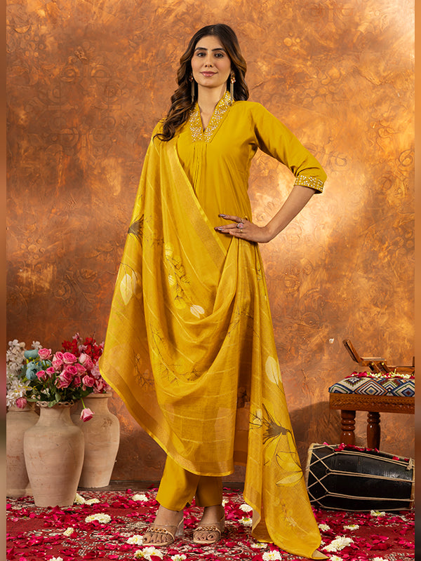 Yellow Roman Silk Sequins With Hand Work Suit Set