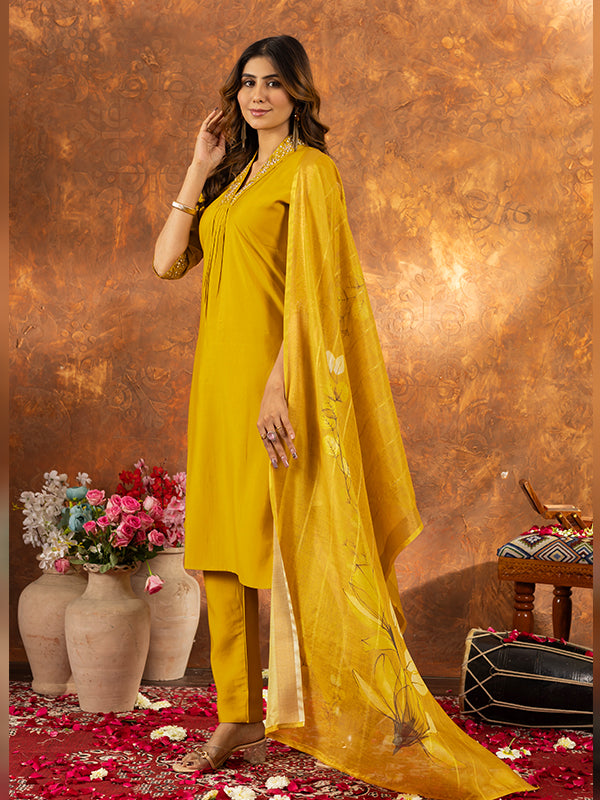 Yellow Roman Silk Sequins With Hand Work Suit Set