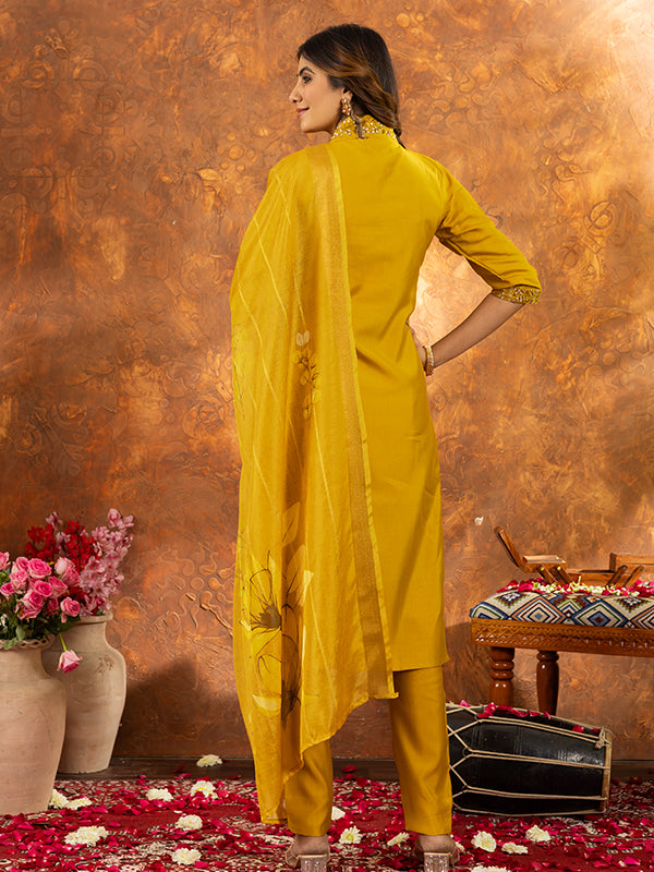 Yellow Roman Silk Sequins With Hand Work Suit Set
