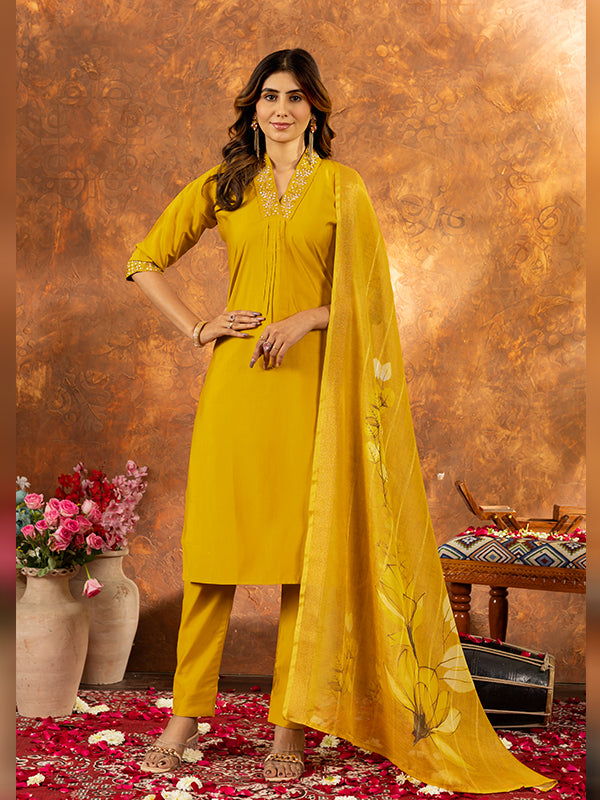 Yellow Roman Silk Sequins With Hand Work Suit Set