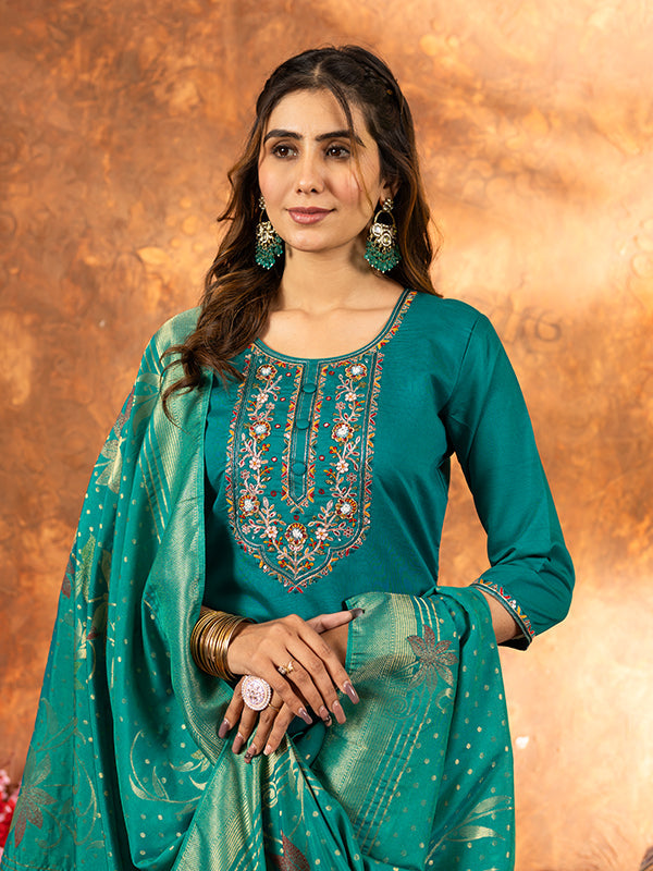 Rama Marina Silk Embroidered With Hand Work Suit Set