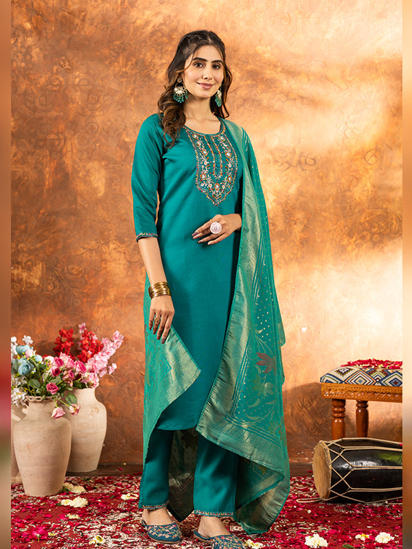 Rama Marina Silk Embroidered With Hand Work Suit Set