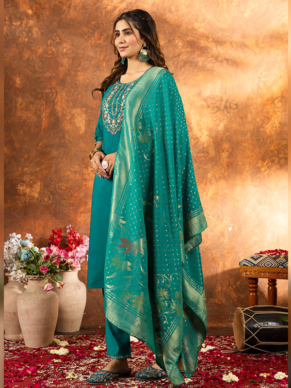 Rama Marina Silk Embroidered With Hand Work Suit Set