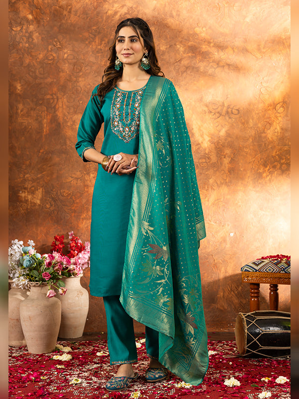 Rama Marina Silk Embroidered With Hand Work Suit Set