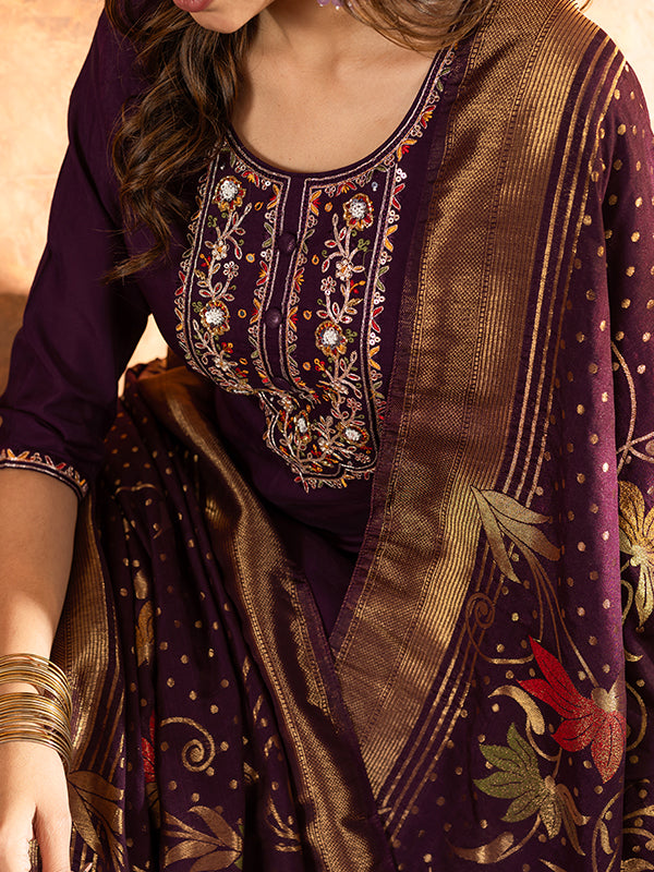Wine Marina Silk Embroidered With Hand Work Suit Set