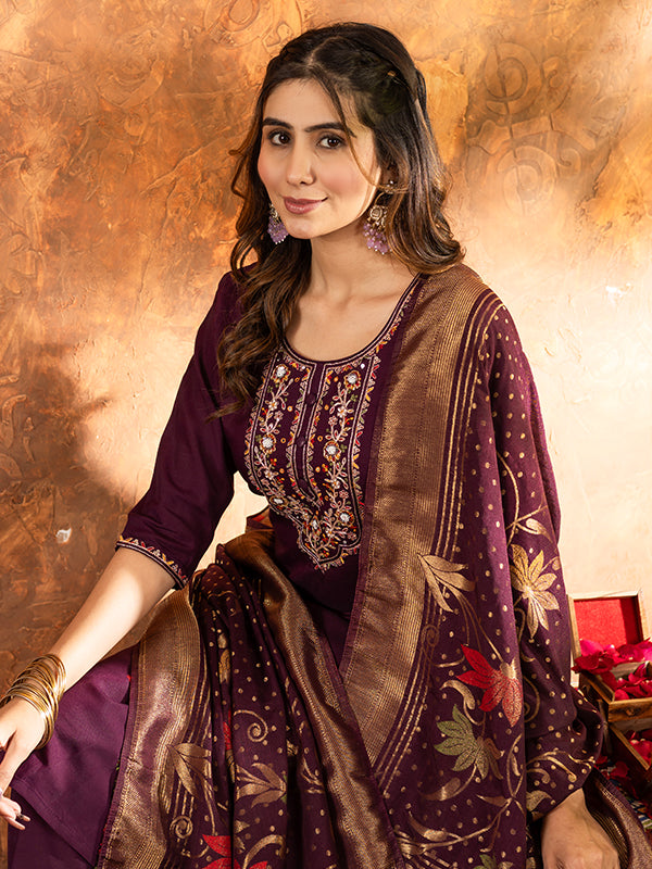 Wine Marina Silk Embroidered With Hand Work Suit Set