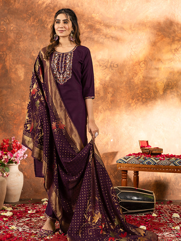 Wine Marina Silk Embroidered With Hand Work Suit Set