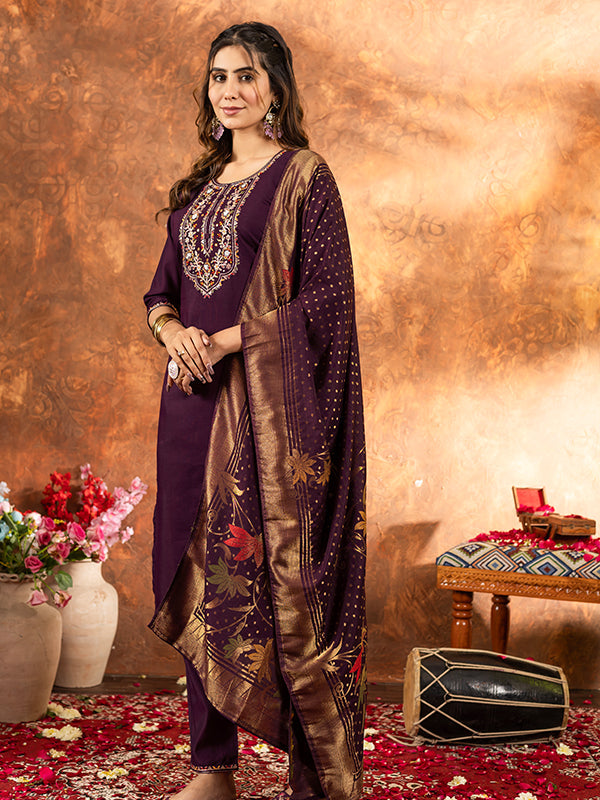 Wine Marina Silk Embroidered With Hand Work Suit Set