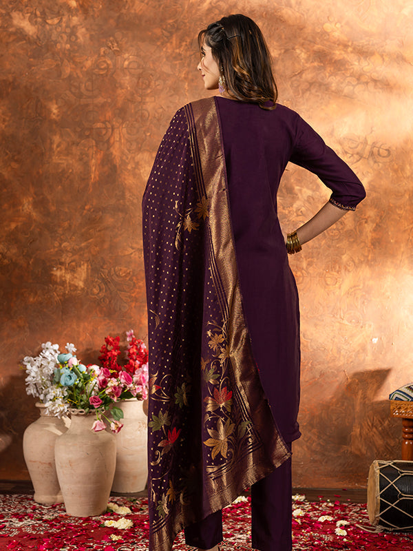 Wine Marina Silk Embroidered With Hand Work Suit Set