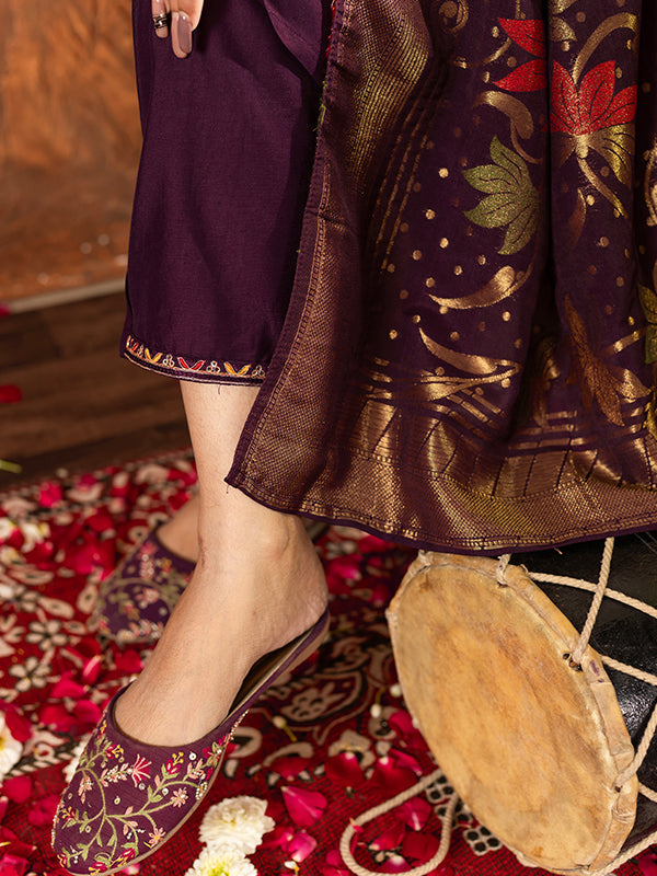 Wine Marina Silk Embroidered With Hand Work Suit Set