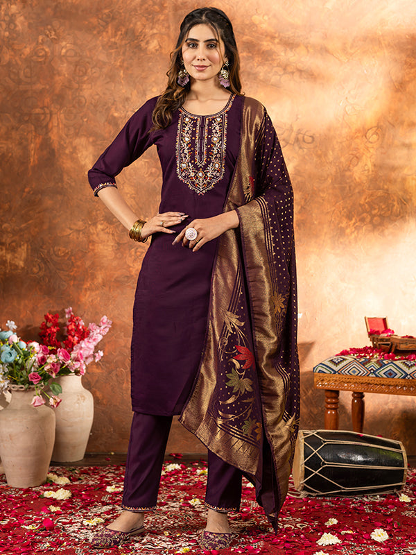 Wine Marina Silk Embroidered With Hand Work Suit Set