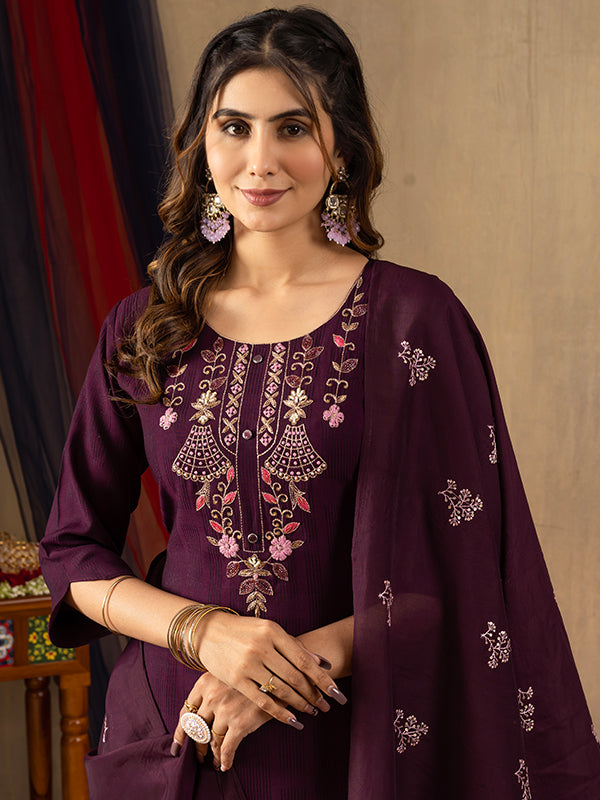 Wine Viscose Fully Hand Work Suit Set