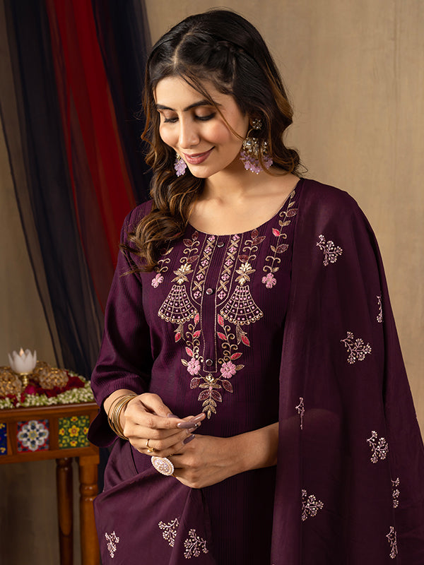 Wine Viscose Fully Hand Work Suit Set