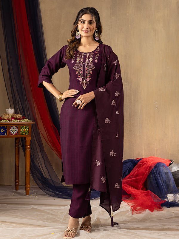 Wine Viscose Fully Hand Work Suit Set