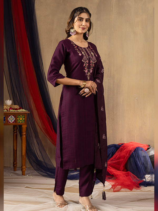 Wine Viscose Fully Hand Work Suit Set