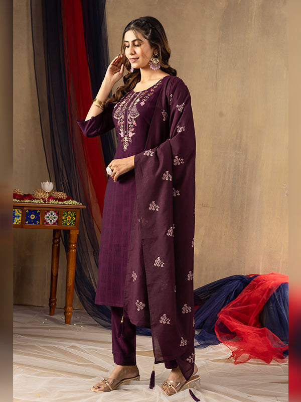 Wine Viscose Fully Hand Work Suit Set