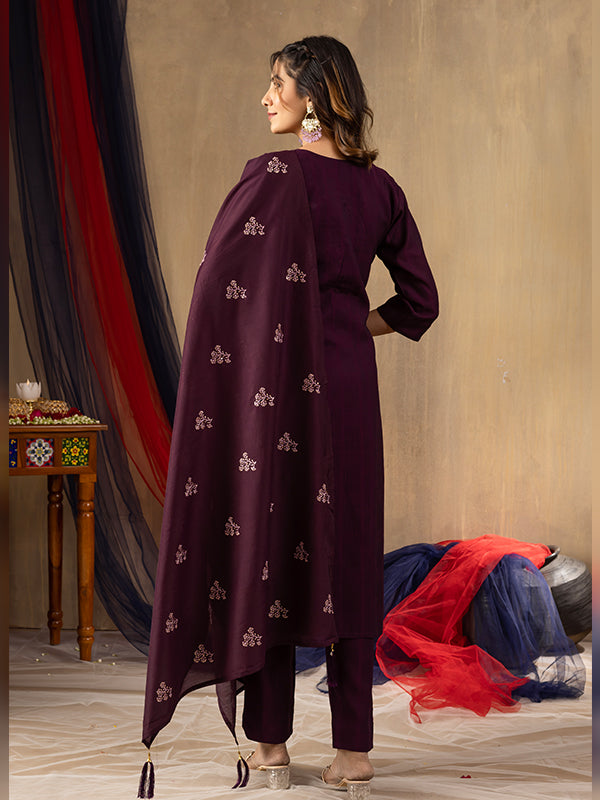 Wine Viscose Fully Hand Work Suit Set