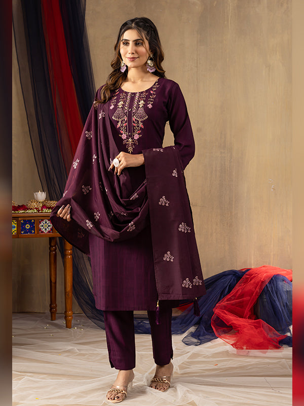 Wine Viscose Fully Hand Work Suit Set