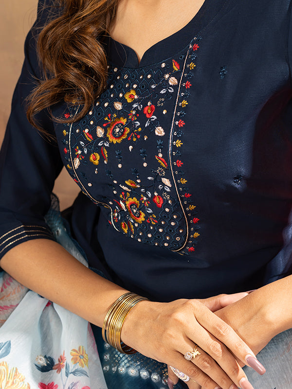 Dark Blue Viscose Silk Embroidered With Hand Work Suit Set