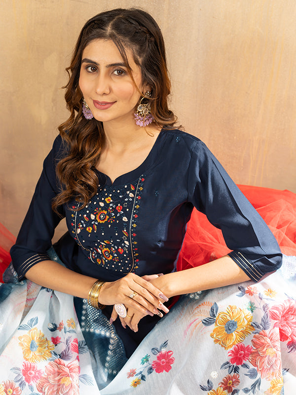 Dark Blue Viscose Silk Embroidered With Hand Work Suit Set