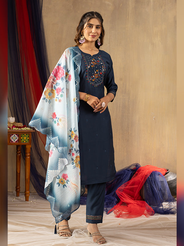 Dark Blue Viscose Silk Embroidered With Hand Work Suit Set