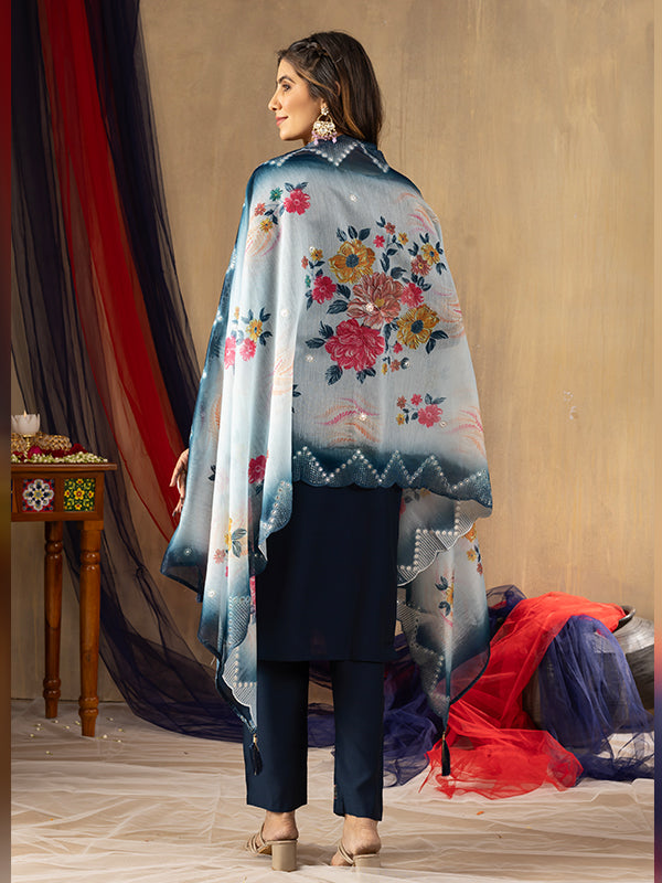 Dark Blue Viscose Silk Embroidered With Hand Work Suit Set