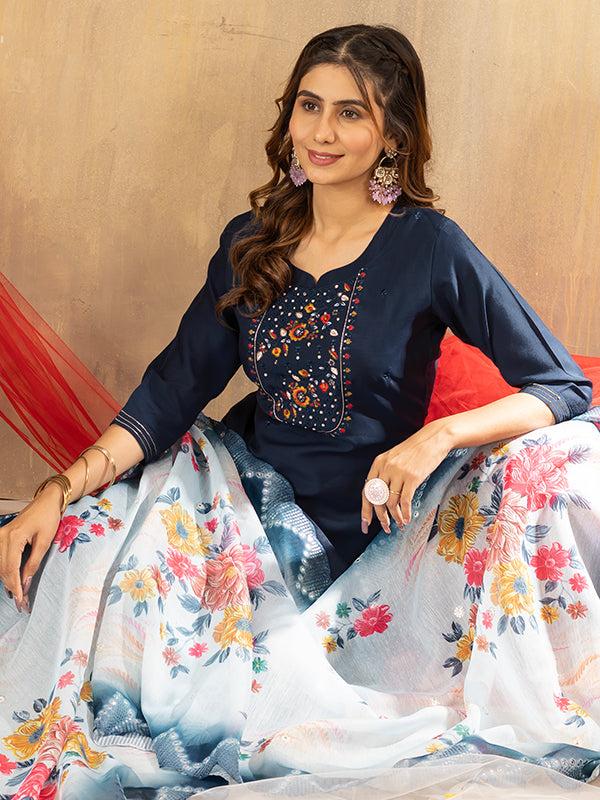 Dark Blue Viscose Silk Embroidered With Hand Work Suit Set