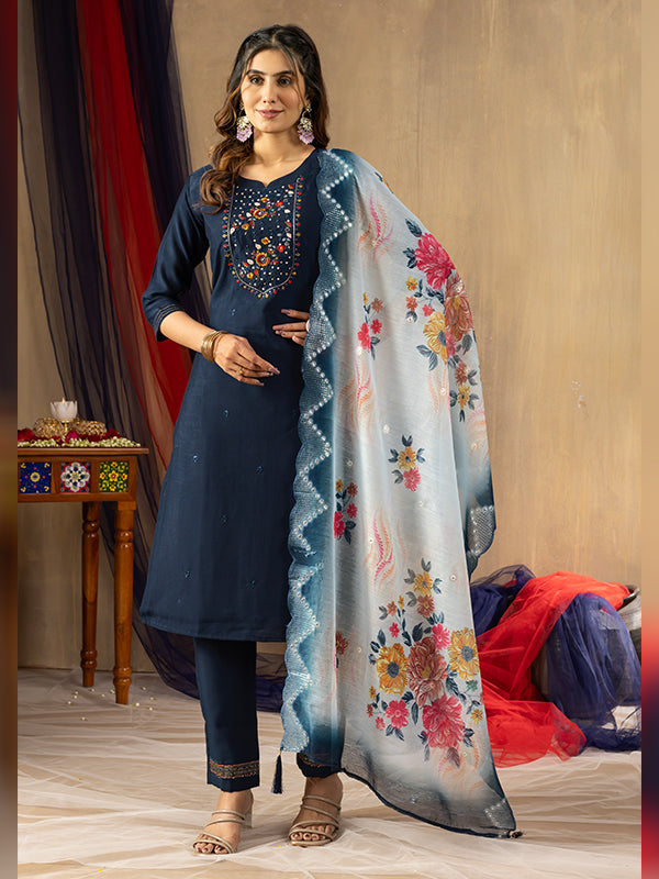 Dark Blue Viscose Silk Embroidered With Hand Work Suit Set