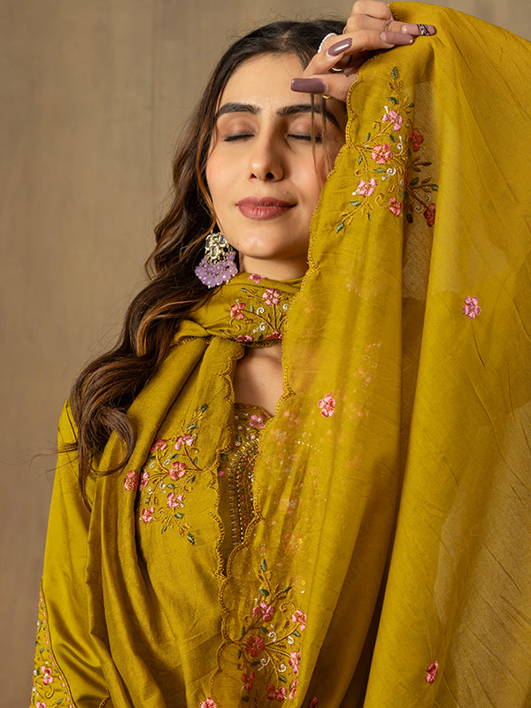 Mustard Roman Silk Embroidered With Hand Work Suit Set