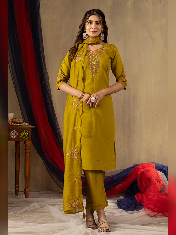 Mustard Roman Silk Embroidered With Hand Work Suit Set