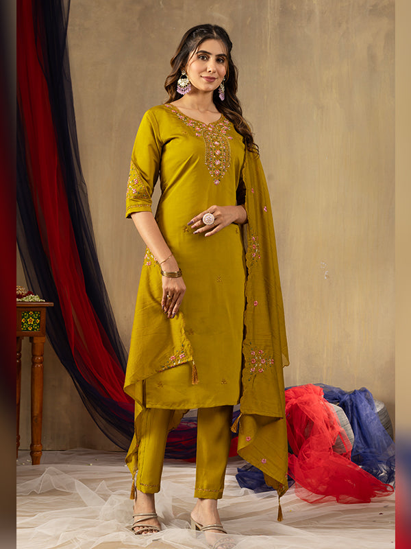 Mustard Roman Silk Embroidered With Hand Work Suit Set