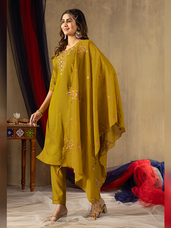 Mustard Roman Silk Embroidered With Hand Work Suit Set