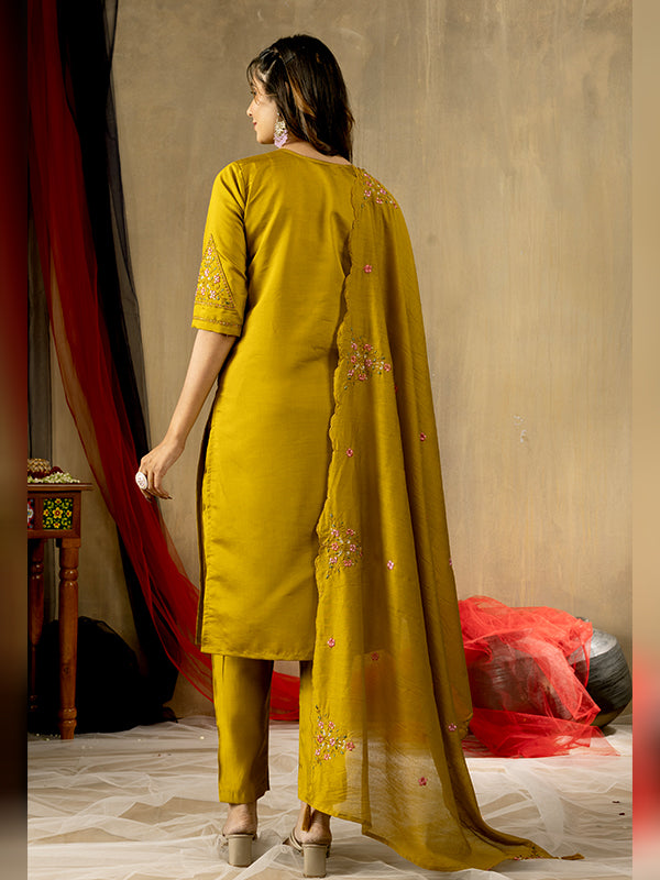 Mustard Roman Silk Embroidered With Hand Work Suit Set