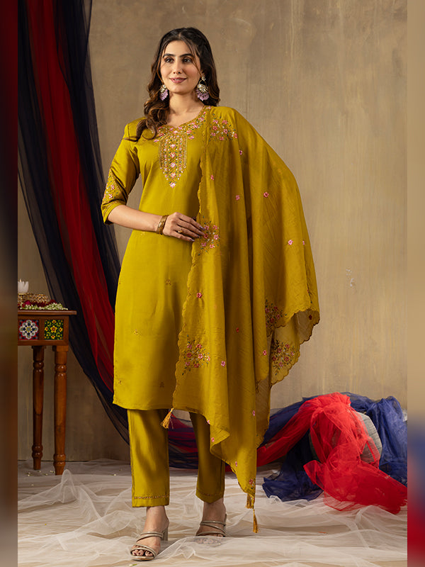 Mustard Roman Silk Embroidered With Hand Work Suit Set