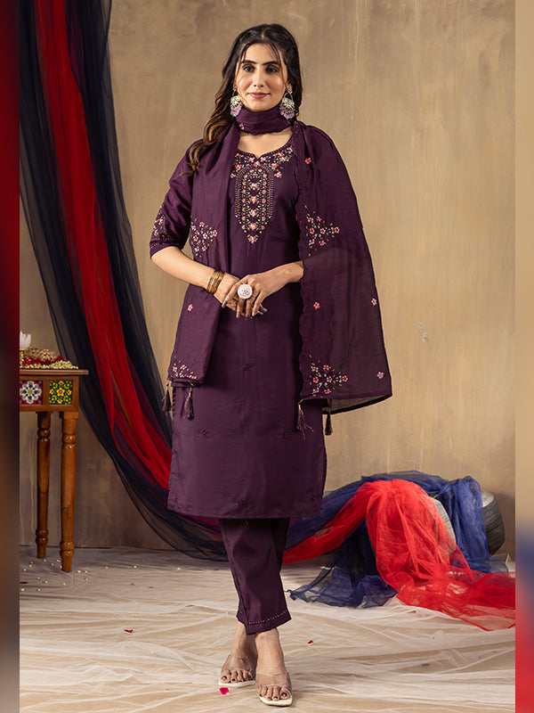 Wine Roman Silk Embroidered With Hand Work Suit Set