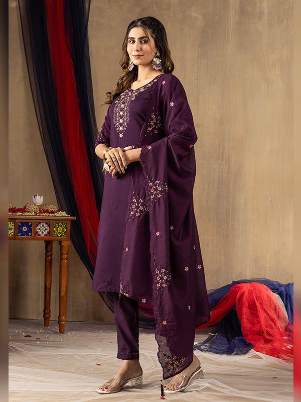 Wine Roman Silk Embroidered With Hand Work Suit Set