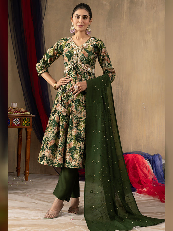Green Alia Cut Embroidered With Hand Work Suit Set