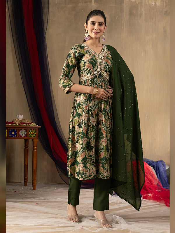 Green Alia Cut Embroidered With Hand Work Suit Set