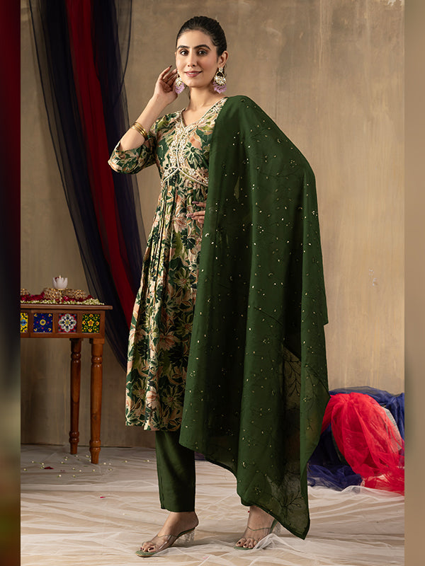 Green Alia Cut Embroidered With Hand Work Suit Set