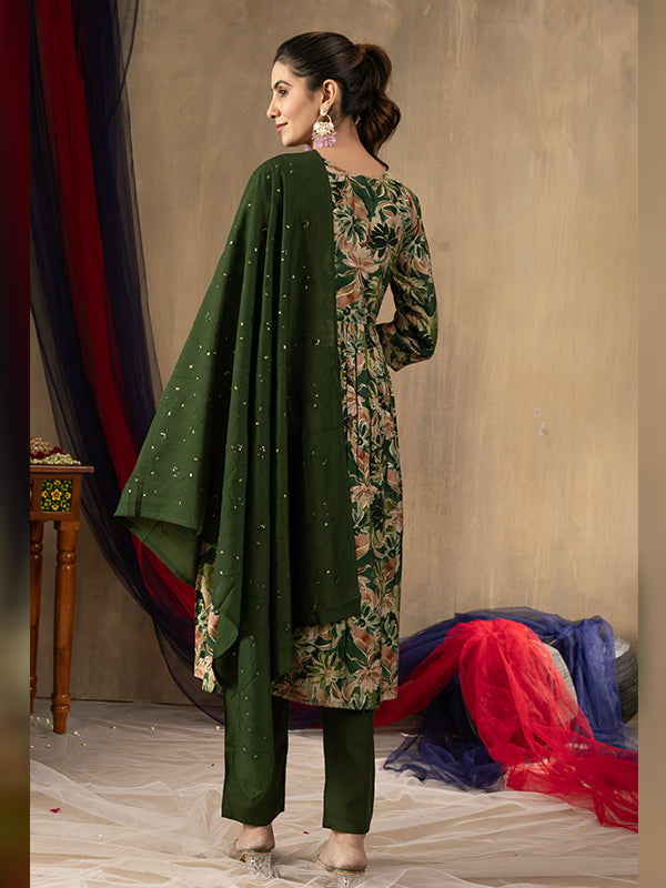 Green Alia Cut Embroidered With Hand Work Suit Set